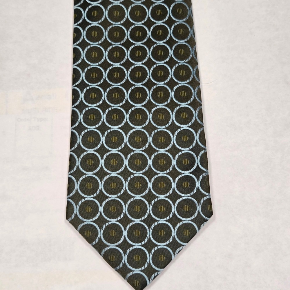 BCBG Attitude Mens Silk Necktie Brown Blue Geometric Circle Pattern Hand Sewn